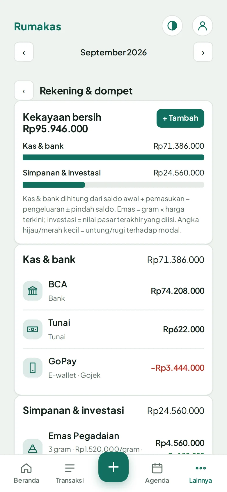 Halaman rekening: kas & bank, simpanan & investasi, emas dan deposito