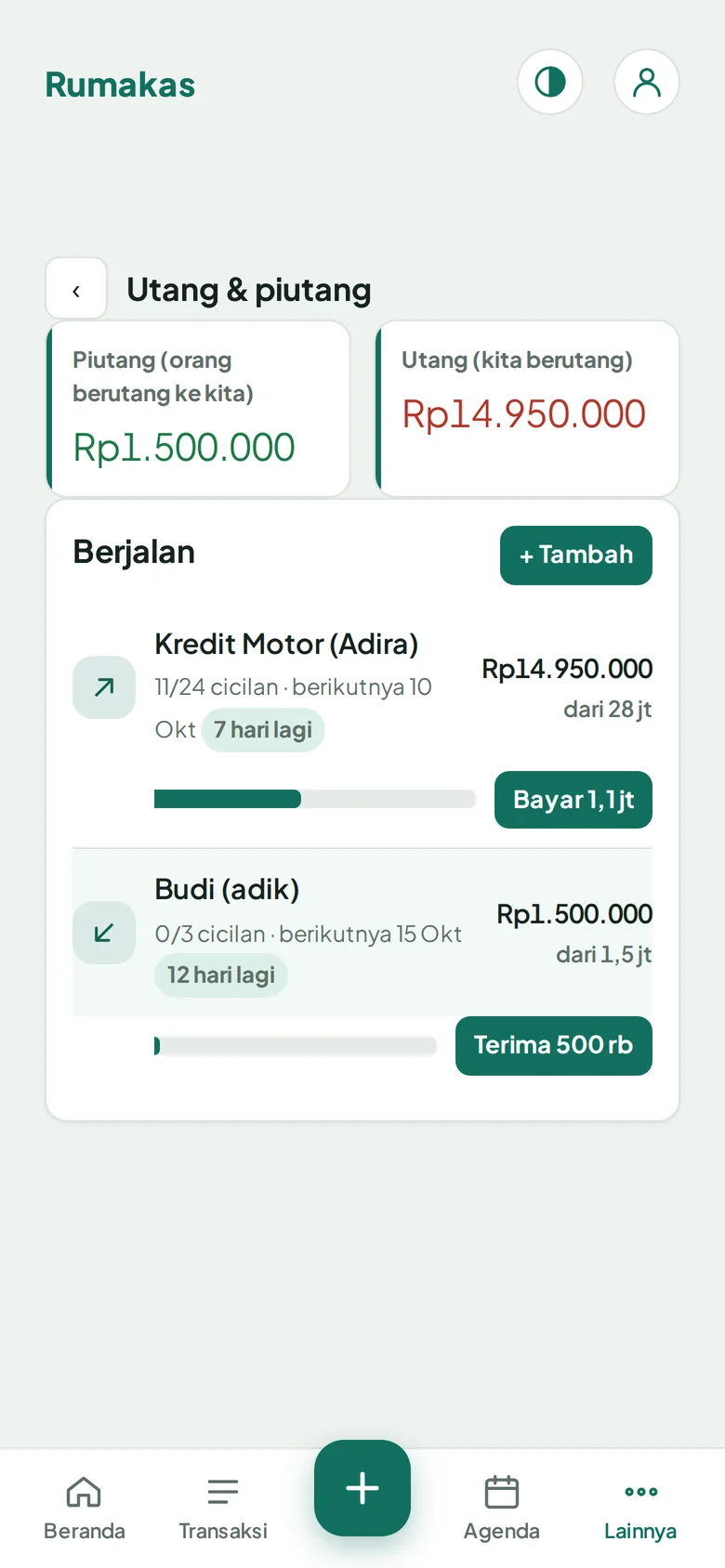 Halaman utang dan piutang dengan jadwal cicilan dan tombol bayar